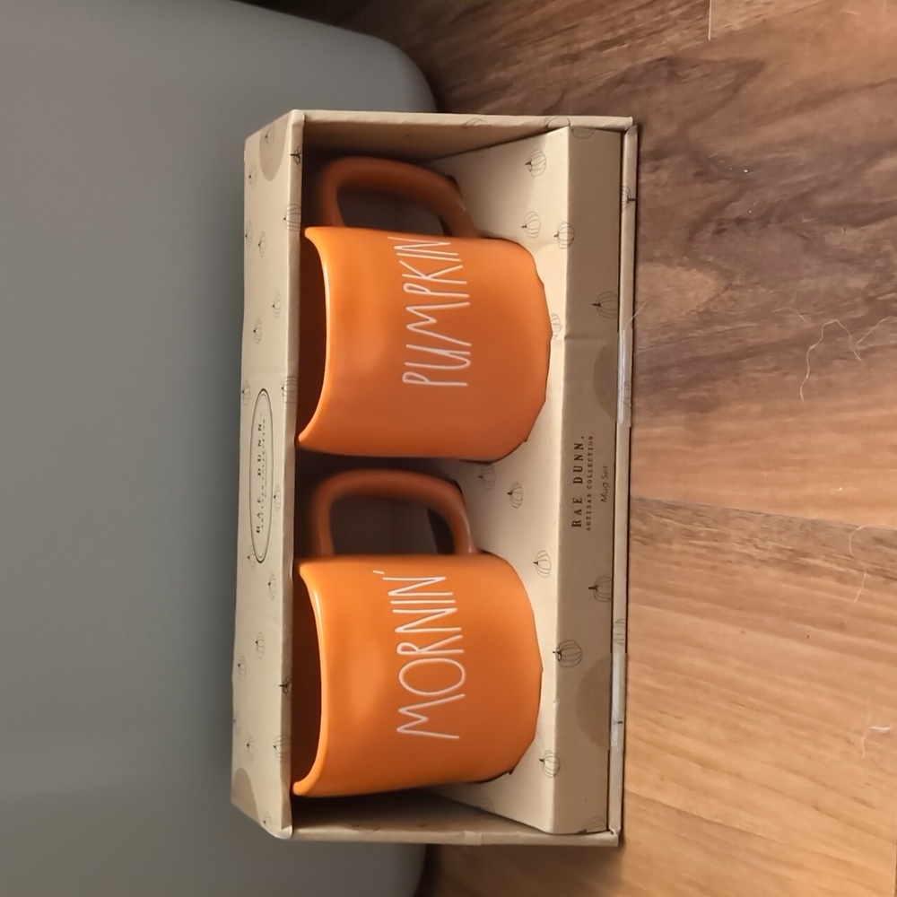 Rae Dunn Mornin Pumpkin orange mug set